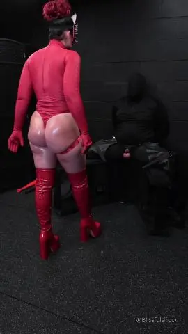 Poster: Blissful Shock: femdom cbt ballbusting - Red Bodysuit Ballbusting Devastation in Platform Boots: Toe Kicks, Knees
