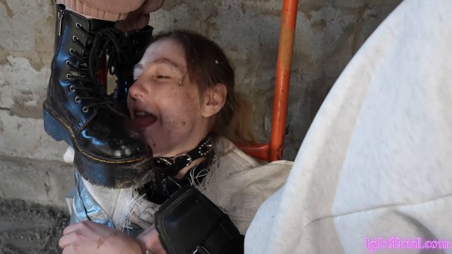 Poster: LICKING GIRLS FEET Spitting - SARAH and VICTORIA - Lick our dirty boots like an obedient bitch!