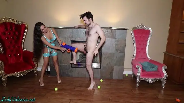Poster: Lady Valencia: ball busting in chastity - Nerf, Nerf, Nerf